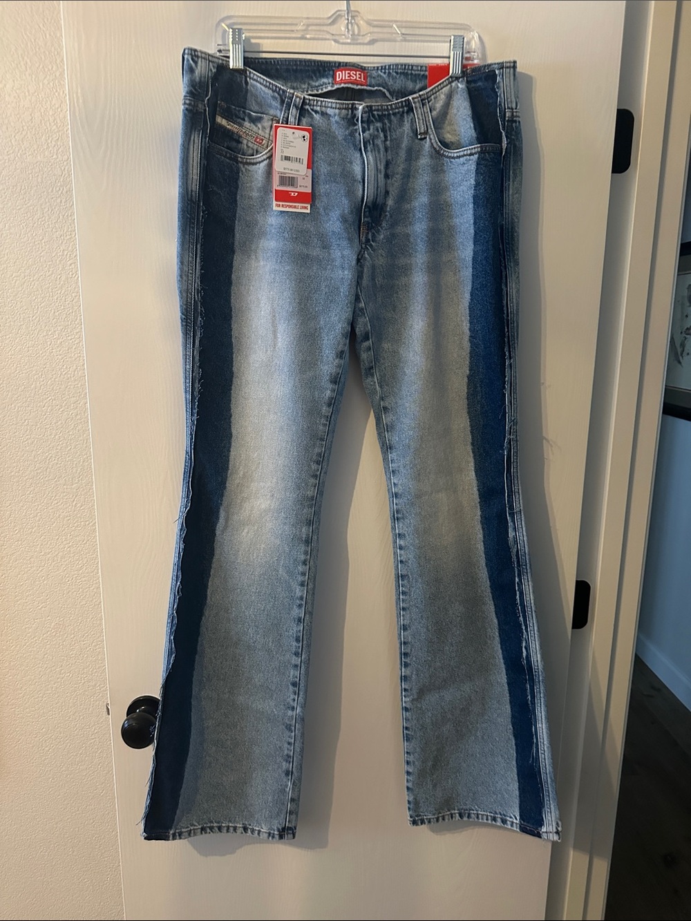 Diesel Two-Tone Blue Flare Jeans with Dark Side Panels ***read below re: size